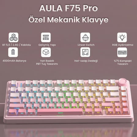 Aula F75 Mekanik RGB TKL Sessiz Cotton Candy Switch Kablosuz Makrolu Hot Swap Klavye Pembe