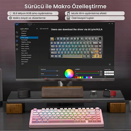 Aula F75 Mekanik RGB TKL Sessiz Cotton Candy Switch Kablosuz Makrolu Hot Swap Klavye Pembe