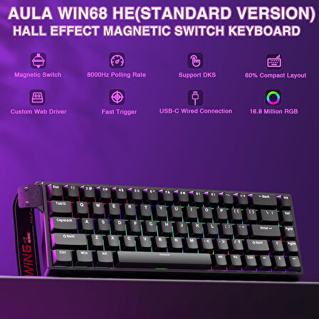 Aula Win68 He Manyetik Klavye Rapid Trigger Graywood Swtich 8000Hz RGB TKL Hot Swap Oyuncu Klavyesi Siyah