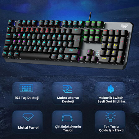 Aula F2066 Blue Switch RGB Makrolu Kablolu Gaming Türkçe Mekanik Oyuncu Klavyesi