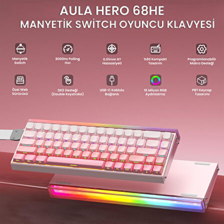 Aula Hero 68 He Manyetik Klavye Rapid Trigger Black King Switch 8000Hz RGB Neon TKL Hot Swap Oyuncu Klavyesi Pembe
