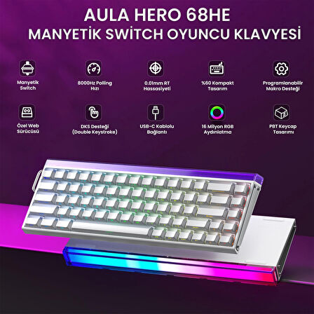 Aula Hero 68 He Manyetik Klavye Rapid Trigger Jade King Switch 8000Hz RGB Neon TKL Hot Swap Oyuncu Klavyesi Beyaz
