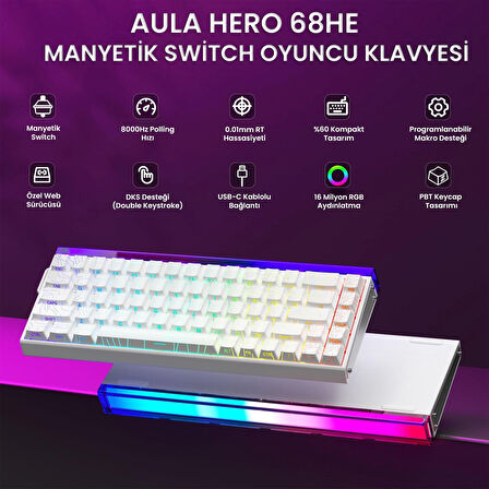 Aula Hero 68 He Manyetik Klavye Rapid Trigger Black King Switch 8000Hz RGB Neon TKL Hot Swap Oyuncu Klavyesi Desenli Beyaz
