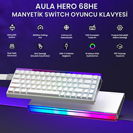 Aula Hero 68 He Manyetik Klavye Rapid Trigger Black King Switch 8000Hz RGB Neon TKL Hot Swap Oyuncu Klavyesi Beyaz