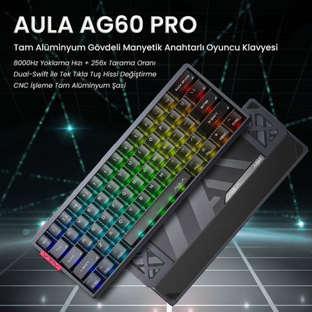 Aula AG60 Pro Alüminyum Manyetik Klavye Hall Effect Aether Switch 8000Hz RGB TKL Hot Swap Oyuncu Klavyesi Şeffaf Siyah