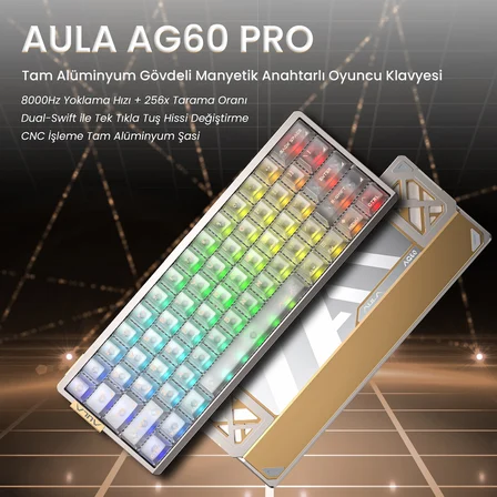 Aula AG60 Pro Alüminyum Manyetik Klavye Hall Effect Aether Switch 8000Hz RGB TKL Hot Swap Oyuncu Klavyesi Şeffaf