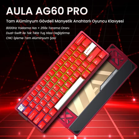 Aula AG60 Pro Alüminyum Manyetik Klavye Hall Effect Aether Switch 8000Hz RGB TKL Hot Swap Oyuncu Klavyesi Kırmızı