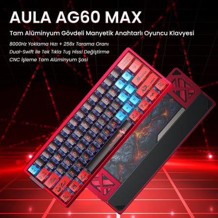 Aula AG60 Max Alüminyum Manyetik Klavye Hall Effect Frostcore Switch 8000Hz RGB TKL Hot Swap Oyuncu Klavyesi Kırmızı
