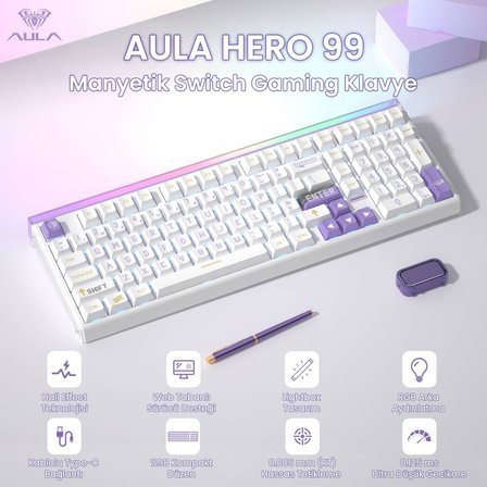 Aula Hero 99 Hall Effect Manyetik Klavye Rapid Trigger GrayWood Switch 8000Hz RGB Hot Swap Oyuncu Klavyesi Mor