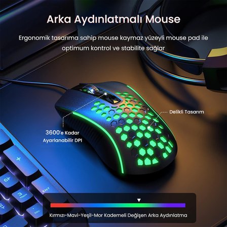 Aula T650 4'in1 Gaming Set RGB Kablolu Membran Klavye 3600 DPI Mouse Mikrofonlu Oyuncu Kulaklığı ve Mousepad