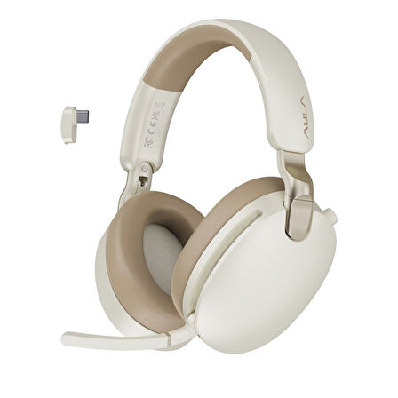 AULA A500 Hybrid ANC 2.4GHz Kablosuz ve Bluetooth 5.4 AUX Mikrofonlu Kulak üstü Kulaklık Bej