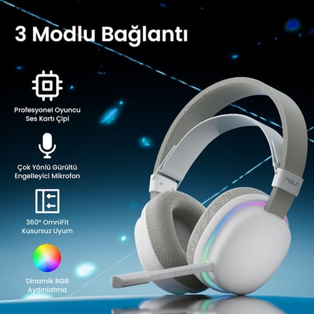 Aula G7 Tri Mode Kablosuz RGB Gaming Mikrofonlu Oyuncu Kulaklığı 40mm Driver Gürültü Engelleyici Mikrofonlu Kulaklık Beyaz