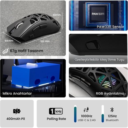 Aula SC620 PAW3311 Sensör 12000 DPI 1000Hz Kablolu ve Kablosuz Gaming Oyuncu Mouse Siyah
