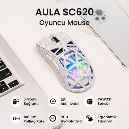 Aula SC620 PAW3311 Sensör 12000 DPI 1000Hz Kablolu ve Kablosuz Gaming Oyuncu Mouse Desenli Beyaz