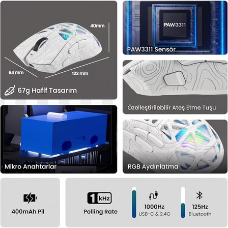 Aula SC620 PAW3311 Sensör 12000 DPI 1000Hz Kablolu ve Kablosuz Gaming Oyuncu Mouse Desenli Beyaz