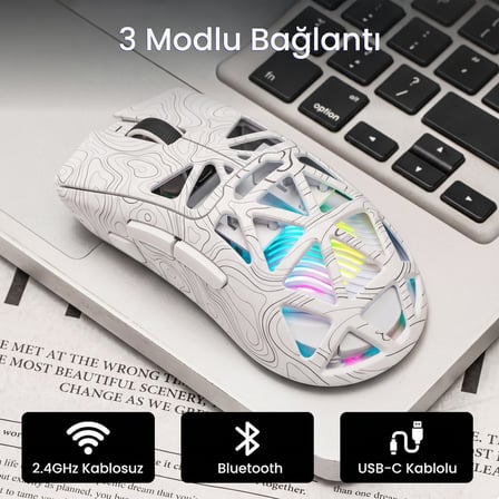 Aula SC620 PAW3311 Sensör 12000 DPI 1000Hz Kablolu ve Kablosuz Gaming Oyuncu Mouse Desenli Beyaz