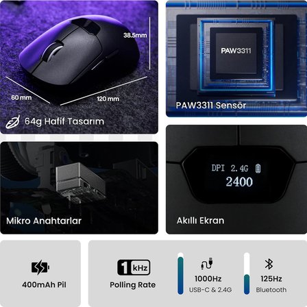 Aula SC390 PAW3311 Sensör 20000 DPI 1000Hz Kablolu ve Kablosuz Gaming Oyuncu Mouse Siyah