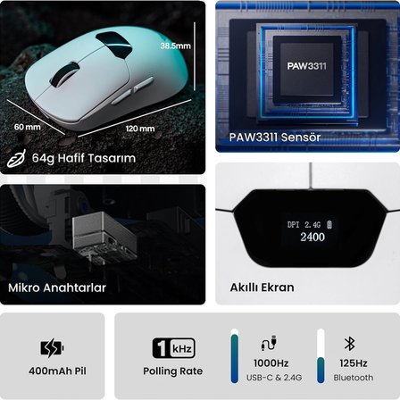 Aula SC390 PAW3311 Sensör 20000 DPI 1000Hz Kablolu ve Kablosuz Gaming Oyuncu Mouse Beyaz
