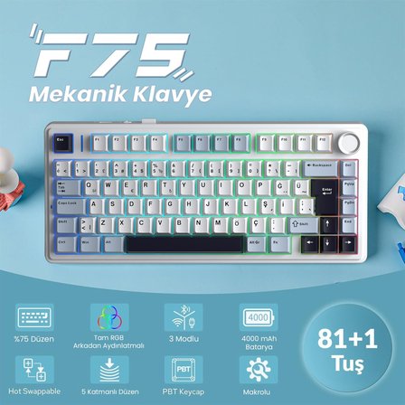 Aula F75 Mekanik RGB TKL GrayWood V4 Switch Kablosuz Makrolu Hot Swap Türkçe Q Klavye Lacivert