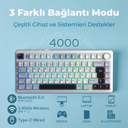 Aula F75 Mekanik RGB TKL GrayWood V4 Switch Kablosuz Makrolu Hot Swap Türkçe Q Klavye Lacivert