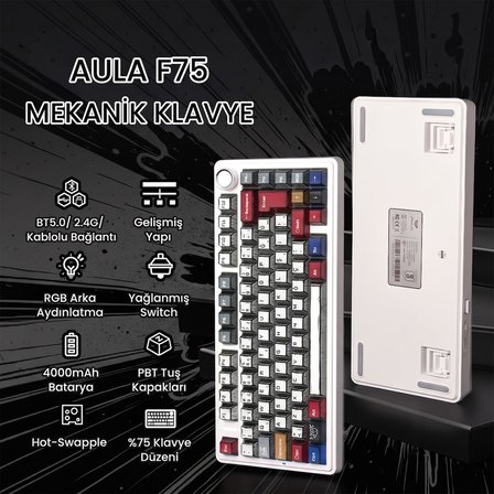 Aula F75 Mekanik RGB TKL GrayWood V4 Switch Kablosuz Makrolu Hot Swap Türkçe Q Klavye Comic