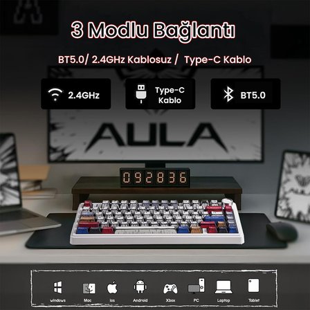 Aula F75 Mekanik RGB TKL GrayWood V4 Switch Kablosuz Makrolu Hot Swap Türkçe Q Klavye Comic