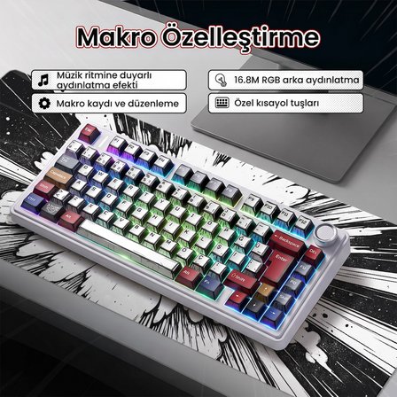 Aula F75 Mekanik RGB TKL GrayWood V4 Switch Kablosuz Makrolu Hot Swap Türkçe Q Klavye Comic