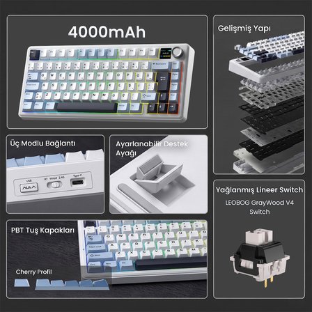 Aula F75 Max Mekanik RGB TKL GrayWood V4 Switch Kablosuz Makrolu Hot Swap Türkçe Q Klavye Lacivert
