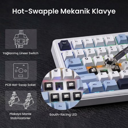 Aula F75 Max Mekanik RGB TKL GrayWood V4 Switch Kablosuz Makrolu Hot Swap Türkçe Q Klavye Lacivert