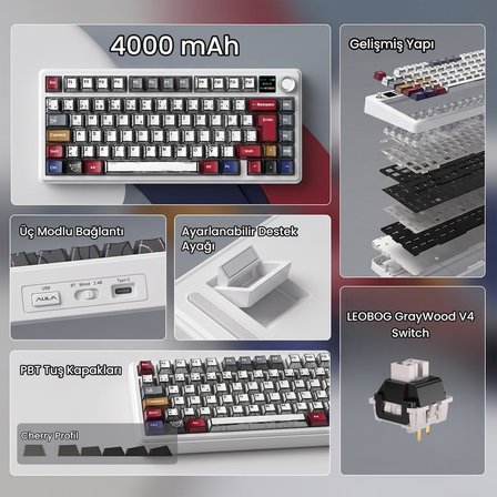 Aula F75 Max Mekanik RGB TKL GrayWood V4 Switch Kablosuz Makrolu Hot Swap Türkçe Q Klavye Comic