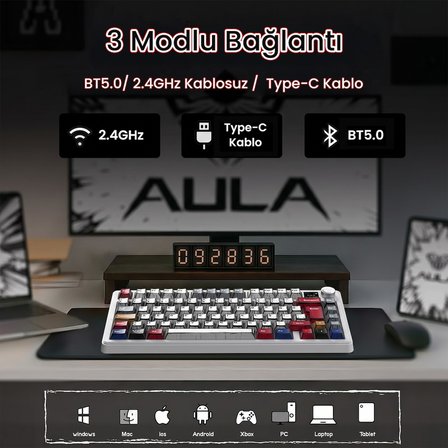 Aula F75 Max Mekanik RGB TKL GrayWood V4 Switch Kablosuz Makrolu Hot Swap Türkçe Q Klavye Comic