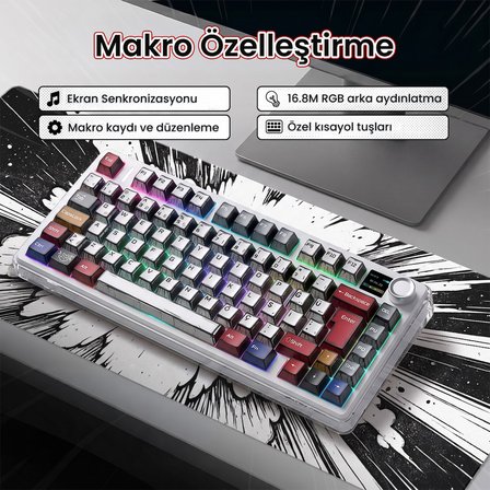 Aula F75 Max Mekanik RGB TKL GrayWood V4 Switch Kablosuz Makrolu Hot Swap Türkçe Q Klavye Comic