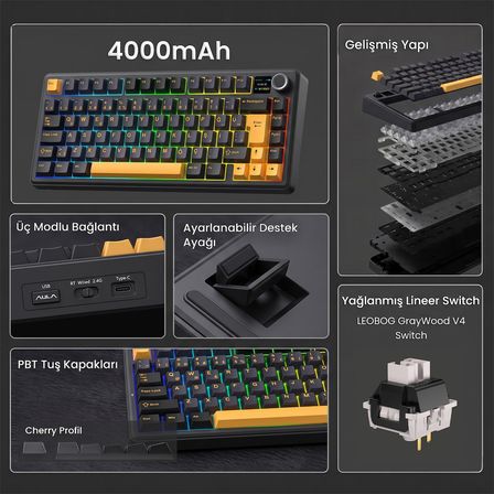 Aula F75 Max Mekanik RGB TKL GrayWood V4 Switch Kablosuz Makrolu Hot Swap Türkçe Q Klavye Siyah