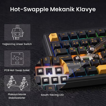 Aula F75 Max Mekanik RGB TKL GrayWood V4 Switch Kablosuz Makrolu Hot Swap Türkçe Q Klavye Siyah