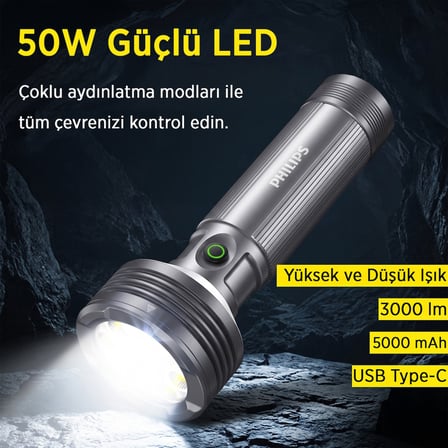 Philips SFL6253 3000 Lümen 50W LED El Feneri Metal Gövdeli 9 Modlu Çıkarılabilir Pilli Şarj Edilebilir Çift Açılı Flashlight