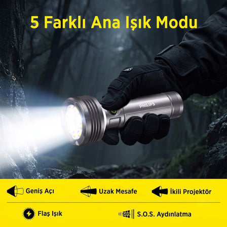 Philips SFL6253 3000 Lümen 50W LED El Feneri Metal Gövdeli 9 Modlu Çıkarılabilir Pilli Şarj Edilebilir Çift Açılı Flashlight