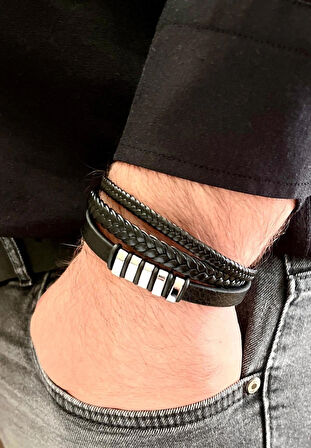 %100 Deri&Çelik Mixli Trend 3lü Model Şık Siyah Erkek Bileklik 21 cm