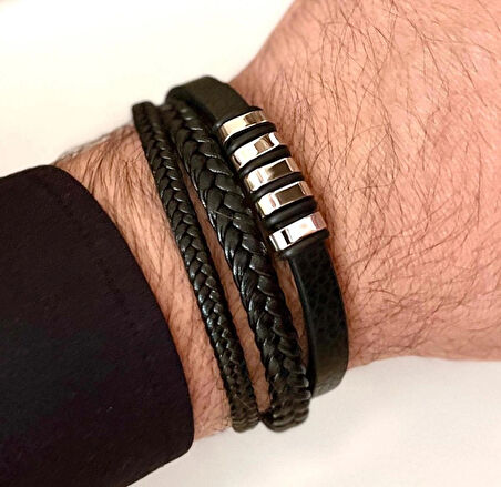 %100 Deri&Çelik Mixli Trend 3lü Model Şık Siyah Erkek Bileklik 21 cm