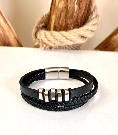 %100 Deri&Çelik Mixli Trend 3lü Model Şık Siyah Erkek Bileklik 21 cm