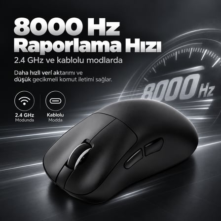 AKKO Nest Black 8K Hz PixArt 3950 Sensör Kablosuz Gaming Mouse
