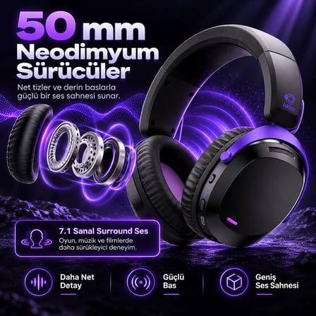 AKKO GH300 Black 7.1 Sanal Surround Kablosuz Gaming Kulaklık