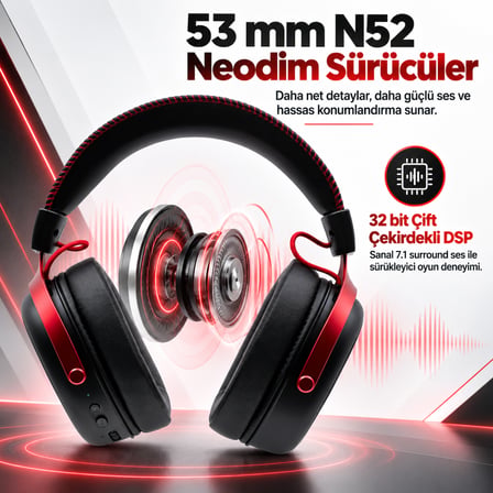AKKO Verge S9 Ultra Black Red PS5 Uyumlu Kablosuz Gaming Kulaklık