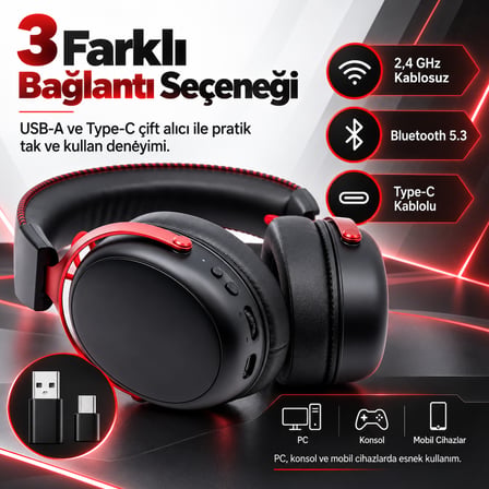 AKKO Verge S9 Ultra Black Red PS5 Uyumlu Kablosuz Gaming Kulaklık