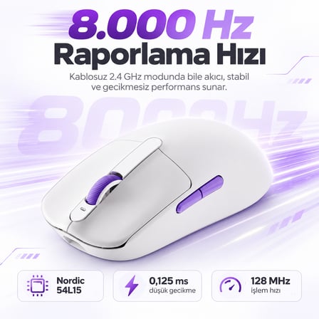 AKKO Dash Ultra White 8K Hz PixArt 3950 Sensör Kablosuz Gaming Mouse