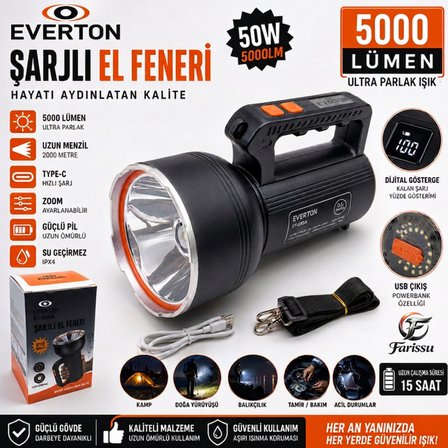RT-698A 50W 5000 Lümen Şarjlı El Feneri & Projektör | 2000m Uzun Menzil | Powerbank Özellikli