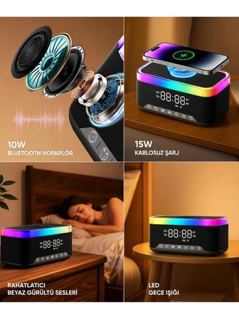 Jedel SA-148 Kablosuz Ambiyans RGB Bluetooth Hoparlör Şarj İstasyonu 3 ü Bir Arada- 15W Kablosuz Dekoratif Çalar Saat Alarm - Kablosuz Bluetooth Hoparlör Ses Bombası