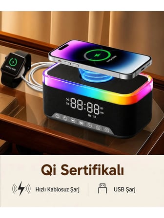 Jedel SA-148 Kablosuz Ambiyans RGB Bluetooth Hoparlör Şarj İstasyonu 3 ü Bir Arada- 15W Kablosuz Dekoratif Çalar Saat Alarm - Kablosuz Bluetooth Hoparlör Ses Bombası