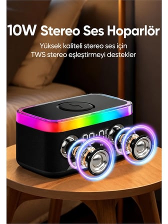 Jedel SA-148 Kablosuz Ambiyans RGB Bluetooth Hoparlör Şarj İstasyonu 3 ü Bir Arada- 15W Kablosuz Dekoratif Çalar Saat Alarm - Kablosuz Bluetooth Hoparlör Ses Bombası