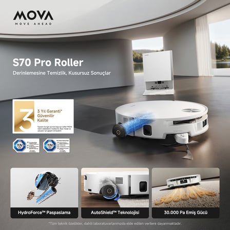 MOVA S70 Pro Roller Akıllı Robot Süpürge Beyaz, 30.000Pa Güçlü Emiş, Rulo Paspas Teknolojisi, Otomatik Toz Boşaltma ve Mop Yıkama