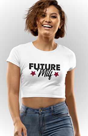 Future Milf Baskılı Beyaz Crop Top, Kadın Yıldız Baskılı Crop Bluz